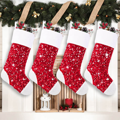 Set of four 18-inch red sequin Christmas stockings arranged together, bulk 4-pack by Aivanart for holiday mantel decor