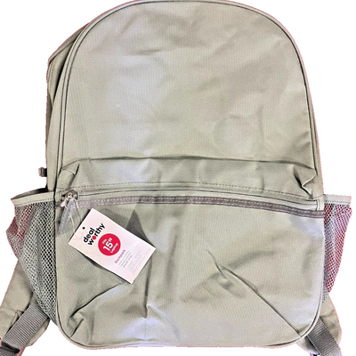 Dealworthy 16-inch sage green backpack with padded shoulder straps, front zip pocket, and dual mesh side pockets