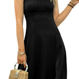 SAMPEEL black sleeveless square neck midi dress with smocked bust, adjustable straps, and side slit on female model - view 4