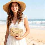 KUKEANVO khaki woven straw envelope clutch purse with magnetic closure and wrist strap on white background - view 3