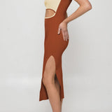Chestnut ribbed sleeveless bodycon midi dress with square neckline, backless cutout detail, and side slit by Duigluw - view 4