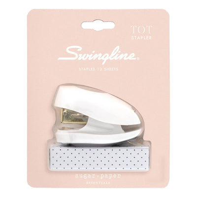 Swingline Tot compact white mini stapler with 1000 included staples, 12-sheet capacity, shown new in packaging