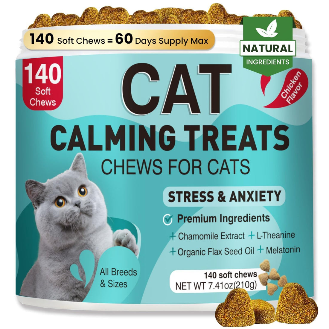Bottle of MNQAXZ cat calming chews 140 count chicken flavor soft chews for anxiety relief in cats