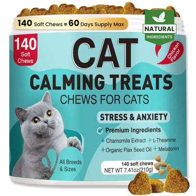 Bottle of MNQAXZ cat calming chews 140 count chicken flavor soft chews for anxiety relief in cats