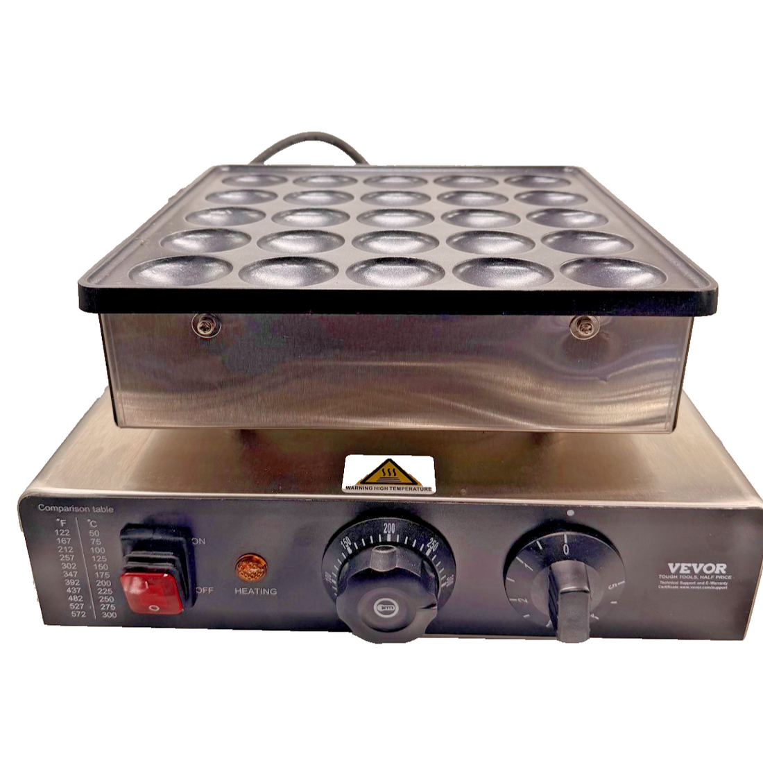 VEVOR silver stainless steel 25-mold mini pancake maker with round non-stick cooking surface and temperature control knob