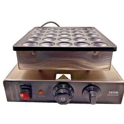 VEVOR silver stainless steel 25-mold mini pancake maker with round non-stick cooking surface and temperature control knob