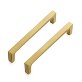 Ten Ravinte square brushed brass gold cabinet drawer pulls with 5-inch center-to-center spacing on white background