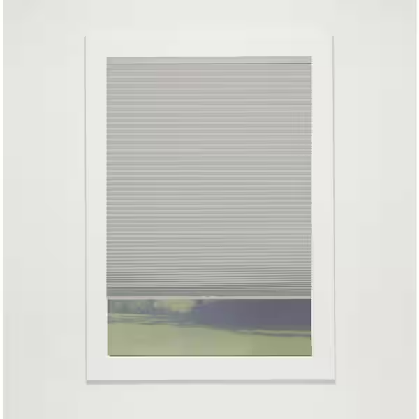 Gray Cloud cordless blackout single-cell cellular window shade 25.5 by 54 inches with white exterior backing mounted on window