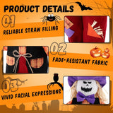 Two 31.5-inch sitting skull scarecrow Halloween figurines in colorful costumes for outdoor garden and porch decor - view 3