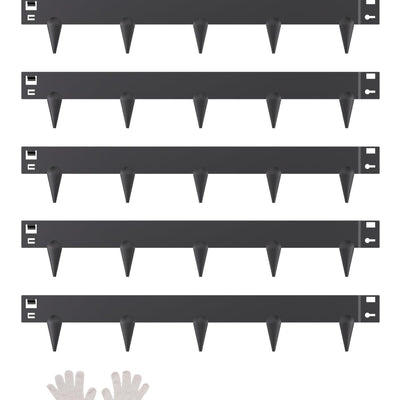 Five black powder-coated steel landscape edging panels arranged in a garden bed border, VEVOR 39x3 inch bendable design