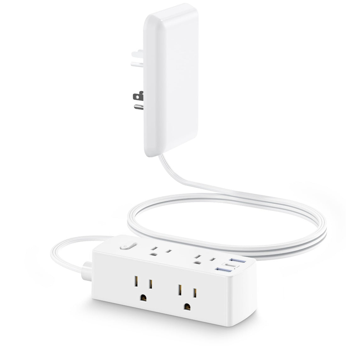 White flat plug power strip with 6 AC outlets and 3 USB ports, 5-foot flat cord, wall mount design