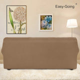 Easy-Going camel check jacquard stretch slipcover fitted over a 3-seater sofa with elastic bottom and smooth tailored coverage - view 4