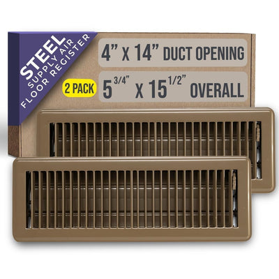 Two brown powder-coated steel louvered floor registers 4x14 inches with adjustable damper lever, heavy duty stamped steel