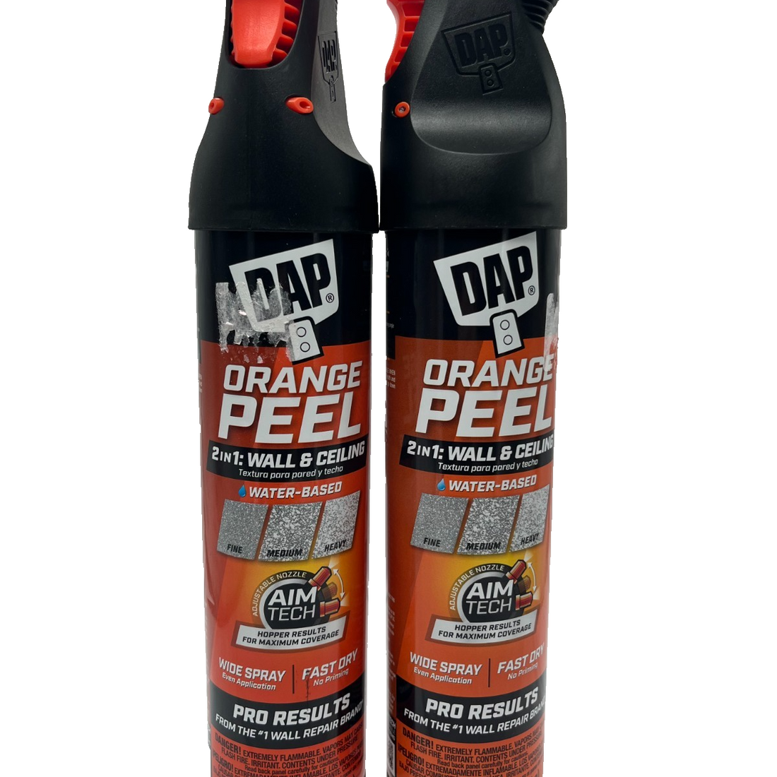 Two 25oz DAP Orange Peel Wall and Ceiling Texture Spray cans with Aim Tech nozzle, white finish, 2-pack