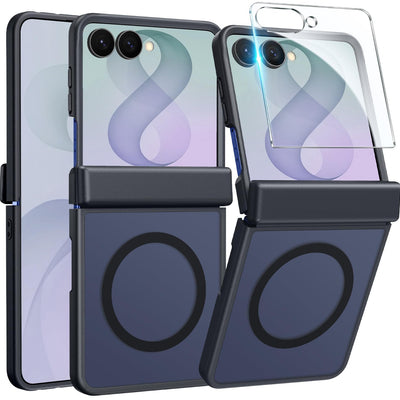 FNTCASE matte black Samsung Galaxy Z Flip 8 case showing magnetic hinge protector and translucent back panel