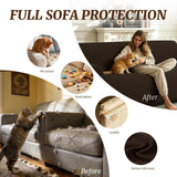 Coffee brown stretch sofa slipcover fitted over a 3-cushion couch, showing elastic bottom and gingham puff grid pattern - view 4