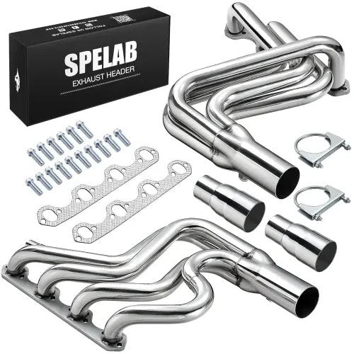 SPELAB EH28140 mirror-polished T304 stainless steel exhaust header with 8-2-1 mandrel bent piping for Ford F150 5.8L V8