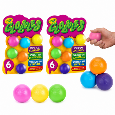 Two Crayola Globbles 6-count packs with multicolor sticky squishy stress balls displayed together, 12 total fidget toys