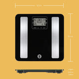 Weight Watchers WW702XF black tempered glass digital bathroom scale displaying body fat and BMI metrics - view 5