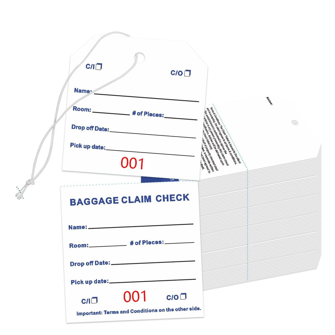 Stack of rectangular coated paper baggage claim check tags numbered in bold red on white, with tear-off stub and transfer tape backing