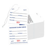 Stack of rectangular coated paper baggage claim check tags numbered in bold red on white, with tear-off stub and transfer tape backing