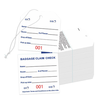 Stack of rectangular coated paper baggage claim check tags numbered in bold red on white, with tear-off stub and transfer tape backing
