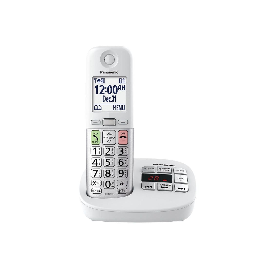 Panasonic KX-TGU430W white cordless phone with large 2.1-inch display and oversized buttons for seniors