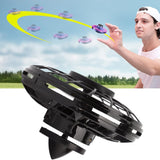 Black hand operated flying orb drone with colorful LED lights, showing enclosed blade safety design by HOVERBYRD - view 3