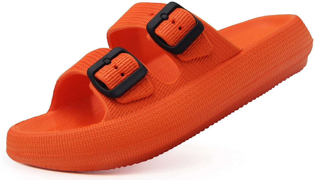 Weweya orange women's flat slide sandals with double buckle straps and pillow-soft EVA footbed, size 5-6