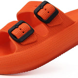 Weweya orange women's flat slide sandals with double buckle straps and pillow-soft EVA footbed, size 5-6