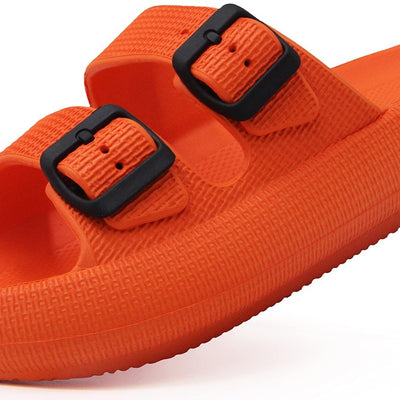 Weweya orange women's flat slide sandals with double buckle straps and pillow-soft EVA footbed, size 5-6