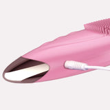 Pink Farsaw silicone facial cleansing brush with heated eye massager attachment, USB rechargeable, waterproof design - view 4