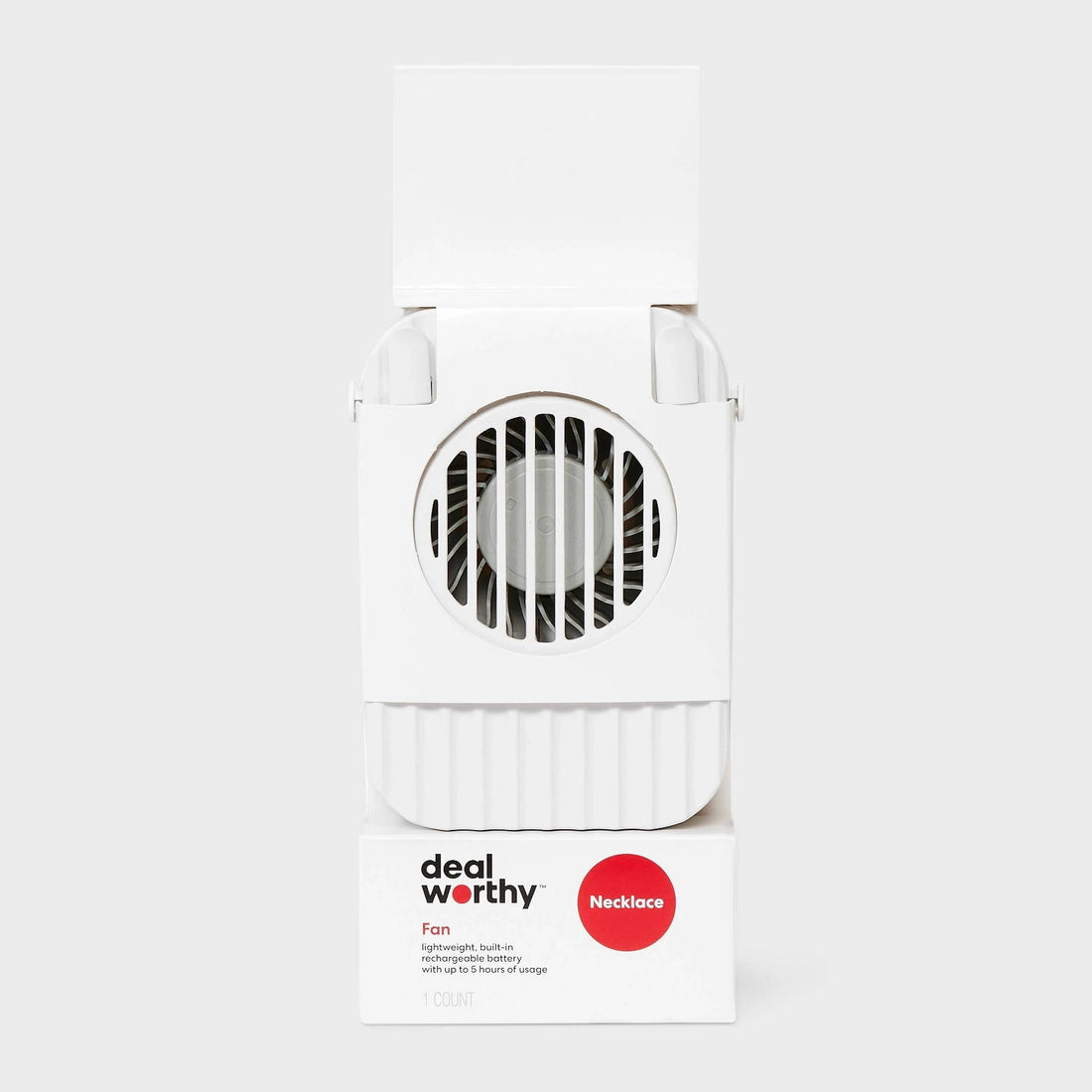 Dealworthy white portable necklace fan with lanyard and USB charging cord, front view on white background