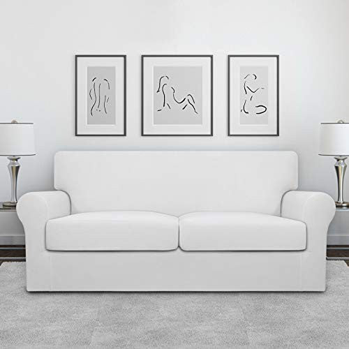 Easy-Going snow white 3-piece stretch fleece loveseat slipcover fitted over a two-seat sofa with separate cushion covers