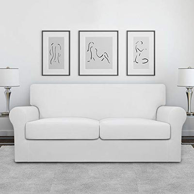 Easy-Going snow white 3-piece stretch fleece loveseat slipcover fitted over a two-seat sofa with separate cushion covers