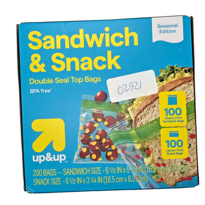 Up&Up clear double seal sandwich snack storage bags 200 count box, 6.5x5.8 inches, BPA-free plastic
