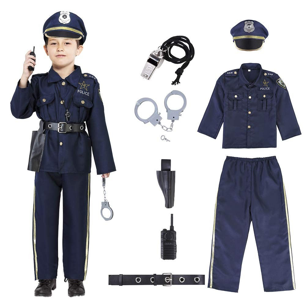 Kids dark blue police officer costume set size S with hat, badge belt, handcuffs, walkie talkie and whistle included