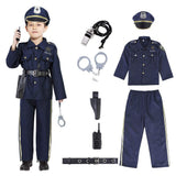 Kids dark blue police officer costume set size S with hat, badge belt, handcuffs, walkie talkie and whistle included