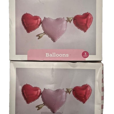 Three metallic foil balloons: two red hearts and one pink heart pierced by a gold Cupid arrow, Valentine's Day balloon set