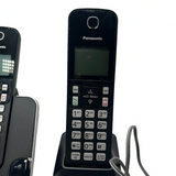 Panasonic KX-TGC352B cordless phone system with two black handsets and base unit featuring amber backlit LCD display - view 4