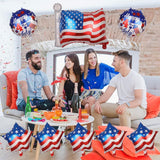 Eight multicolor patriotic foil star-shaped balloons with USA stars and stripes design, ribbon and inflation straw included - view 7