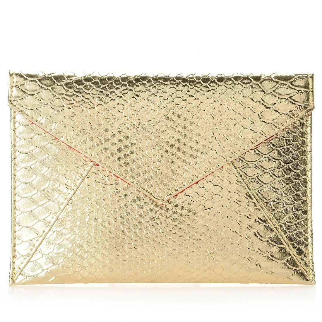 SKINN metallic gold faux python embossed envelope clutch bag 8x5.5 inches with snap closure and red interior lining