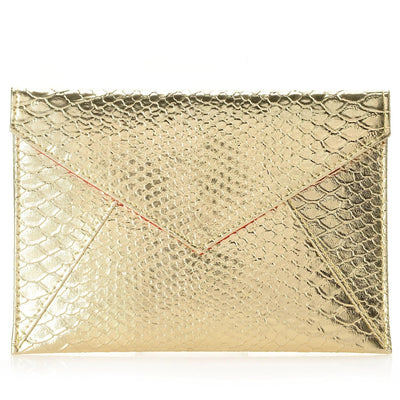 SKINN metallic gold faux python embossed envelope clutch bag 8x5.5 inches with snap closure and red interior lining