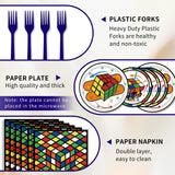 96-piece video game cube theme party tableware set with paper plates, napkins, and forks for 24 guests - view 4