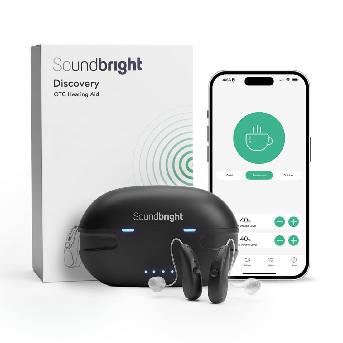 Soundbright Discovery black RIC Bluetooth hearing aids with rechargeable charging case, pair for both ears