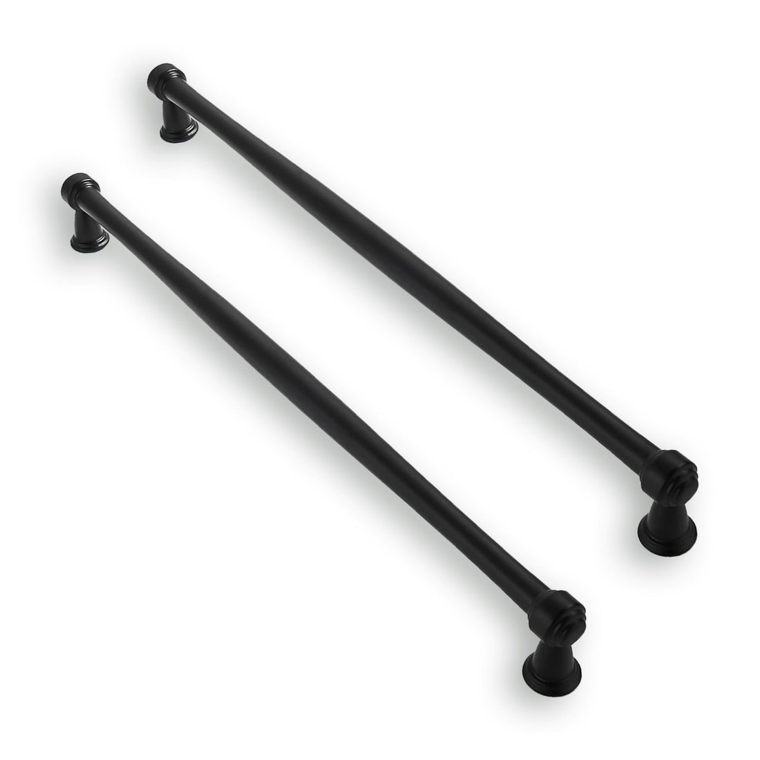 Ten matte black zinc alloy oval bar cabinet pulls with 10-inch center-to-center spacing arranged on a white surface