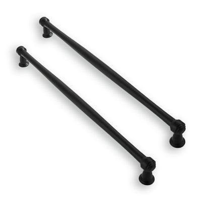 Ten matte black zinc alloy oval bar cabinet pulls with 10-inch center-to-center spacing arranged on a white surface