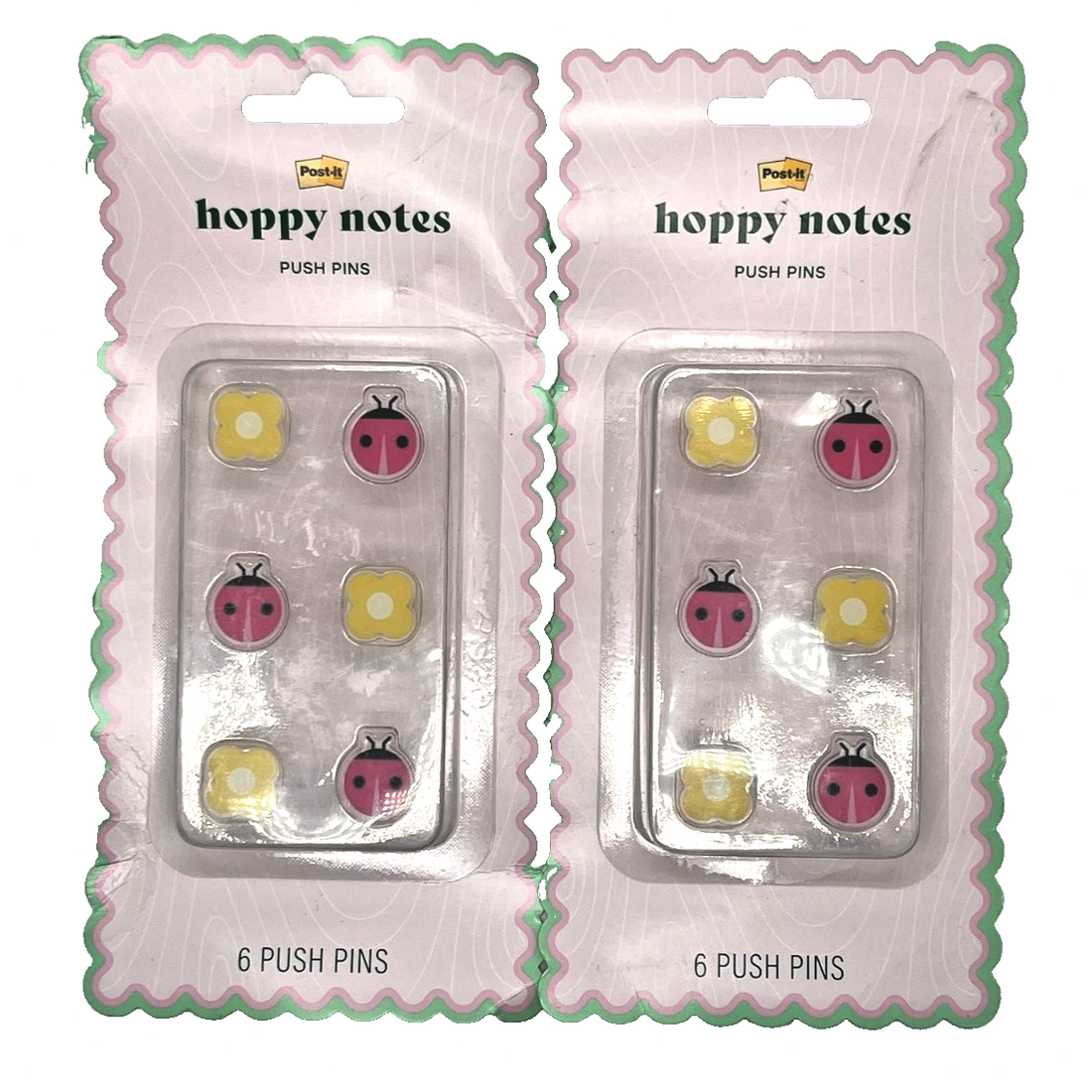Post-it Hoppy Notes decorative push pins 2-pack featuring ladybug and yellow flower designs, 12 pins total, new in packaging