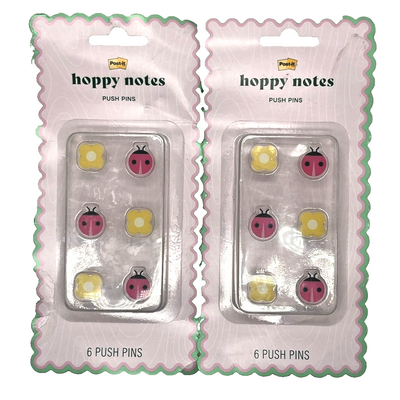 Post-it Hoppy Notes decorative push pins 2-pack featuring ladybug and yellow flower designs, 12 pins total, new in packaging