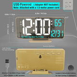 KOSUMOSU 6.7-inch gold LED digital alarm clock with mirror display showing white and blue digits on desk - view 2